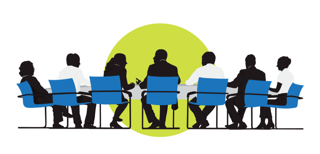Silhouettes of a team seated around a meeting table in front of a lime circle