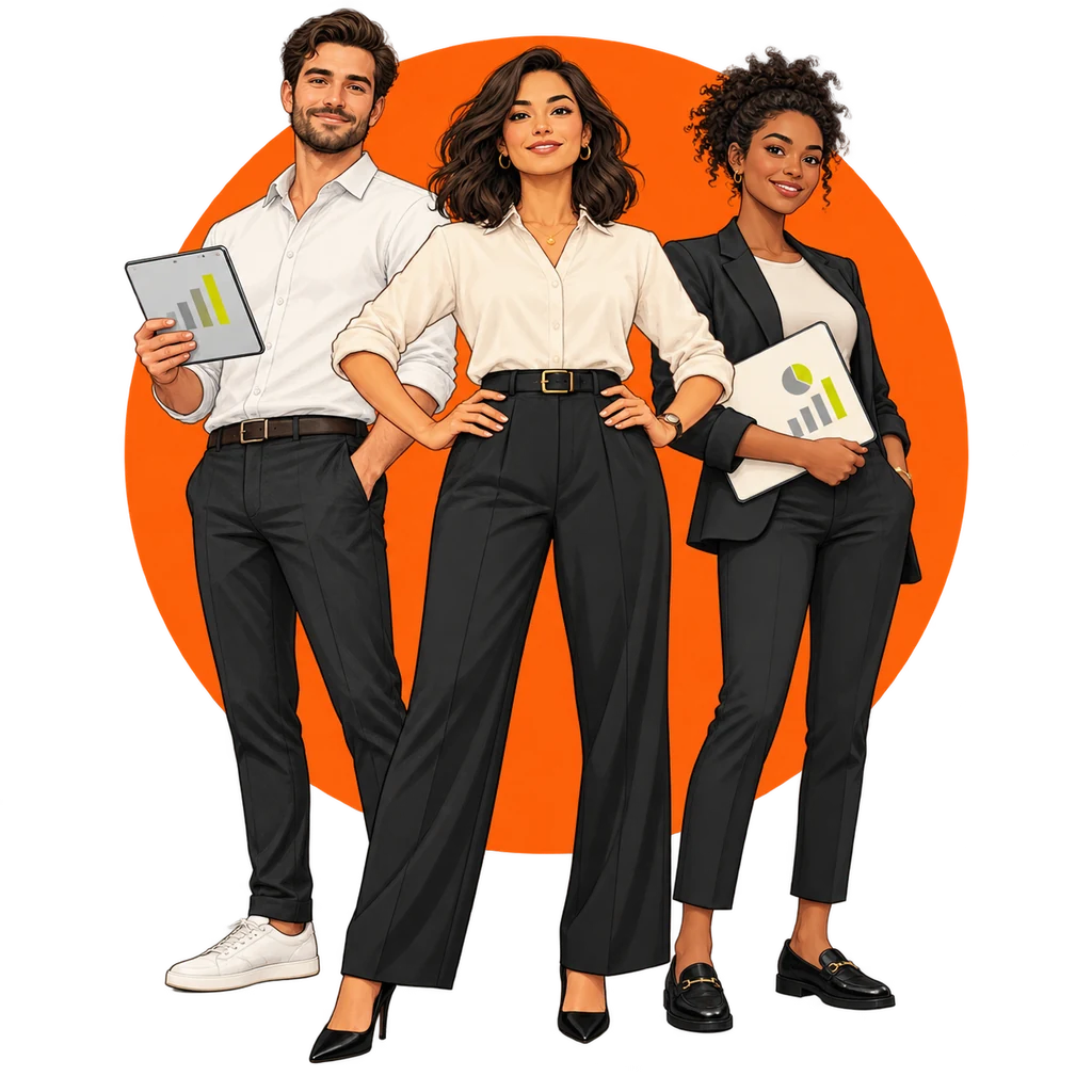 Three confident professionals with data charts in front of an orange circle